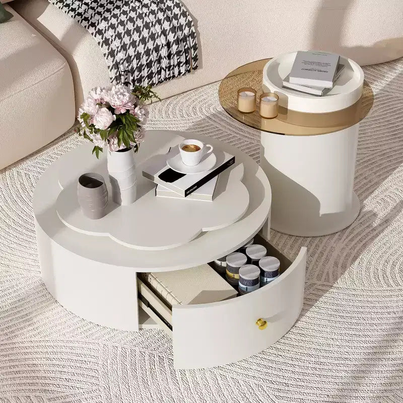 Mesa de centro giratoria 360°, mesa de centro redonda anidable con tapa de flor y 2 cajones, mesa auxiliar de cóctel, mesa auxiliar, mesa lateral - ModernLuxe