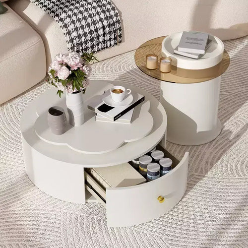 Mesa de centro giratoria 360°, mesa de centro redonda anidable con tapa de flor y 2 cajones, mesa auxiliar de cóctel, mesa auxiliar, mesa lateral - ModernLuxe