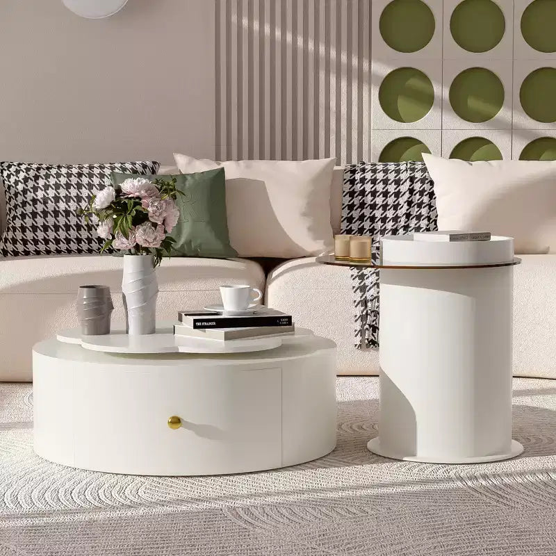 Mesa de centro giratoria 360°, mesa de centro redonda anidable con tapa de flor y 2 cajones, mesa auxiliar de cóctel, mesa auxiliar, mesa lateral - ModernLuxe