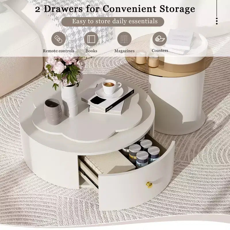 Mesa de centro giratoria 360°, mesa de centro redonda anidable con tapa de flor y 2 cajones, mesa auxiliar de cóctel, mesa auxiliar, mesa lateral - ModernLuxe