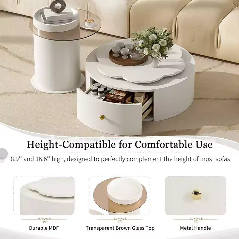 Mesa de centro giratoria 360°, mesa de centro redonda anidable con tapa de flor y 2 cajones, mesa auxiliar de cóctel, mesa auxiliar, mesa lateral - ModernLuxe