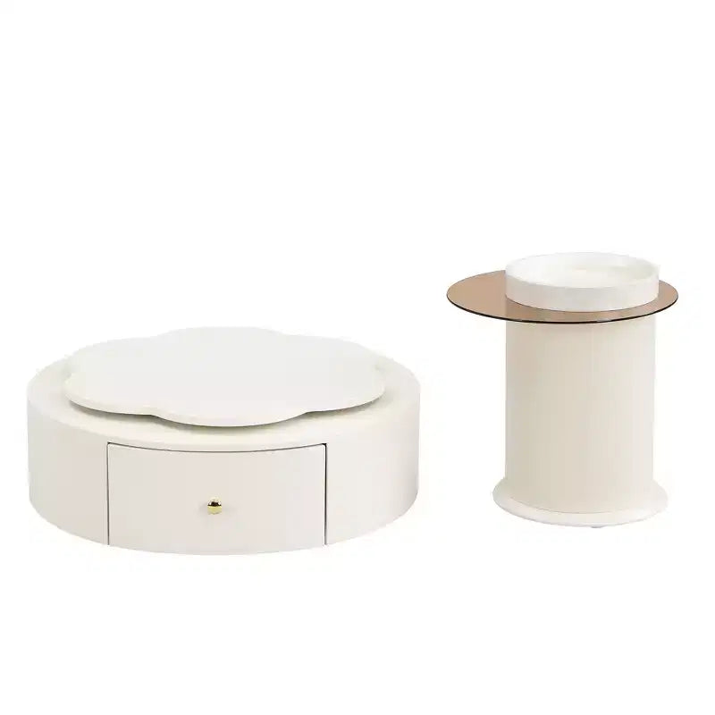 Mesa de centro giratoria 360°, mesa de centro redonda anidable con tapa de flor y 2 cajones, mesa auxiliar de cóctel, mesa auxiliar, mesa lateral - ModernLuxe