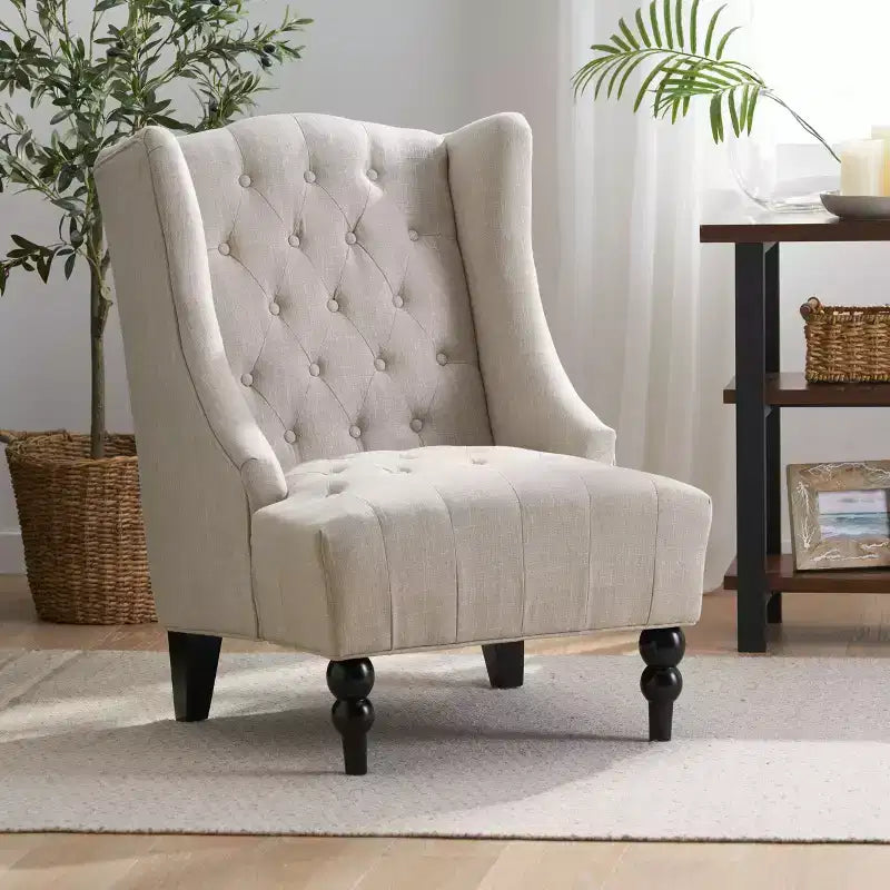 Okak Silla decorativa elegante, silla de sala de estar con botones y cojín tapizado, silla club con patas de madera, respaldo alto para sala de lectura o dormitorio, beige