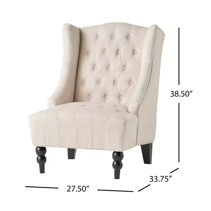 Okak Silla decorativa elegante, silla de sala de estar con botones y cojín tapizado, silla club con patas de madera, respaldo alto para sala de lectura o dormitorio, beige