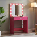 Okak Vanity Table with Spacious Drawers and Lights,Vanity Stool Set with Storage Compartment and 3-Level Adjustable Brightness Lighting,Pink