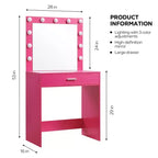 Tocador Okak con cajones espaciosos y luces, juego de taburete de tocador con compartimento de almacenamiento e iluminación de brillo ajustable de 3 niveles, rosa