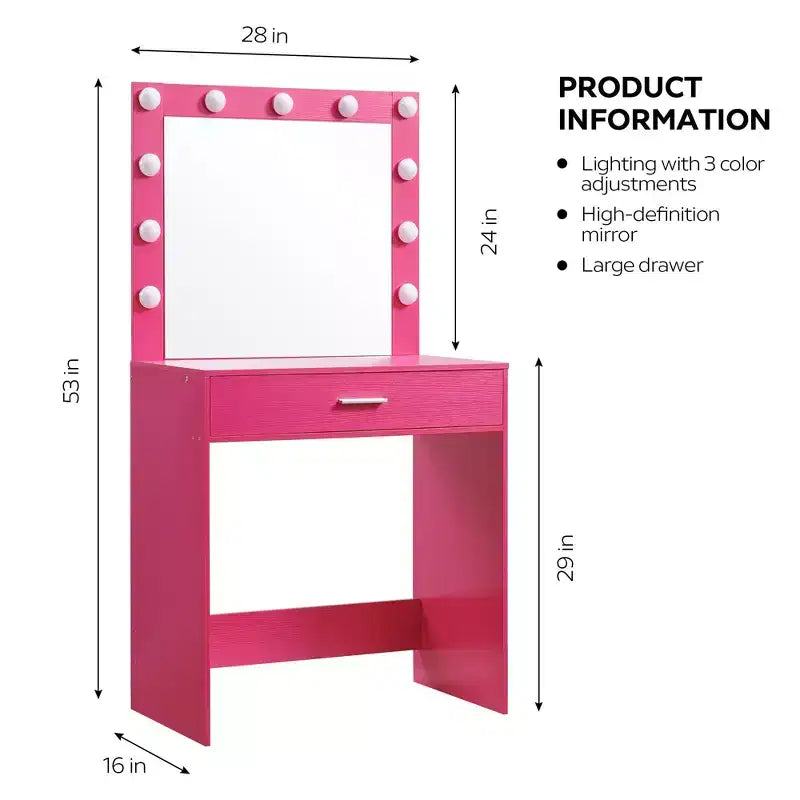 Tocador Okak con cajones espaciosos y luces, juego de taburete de tocador con compartimento de almacenamiento e iluminación de brillo ajustable de 3 niveles, rosa
