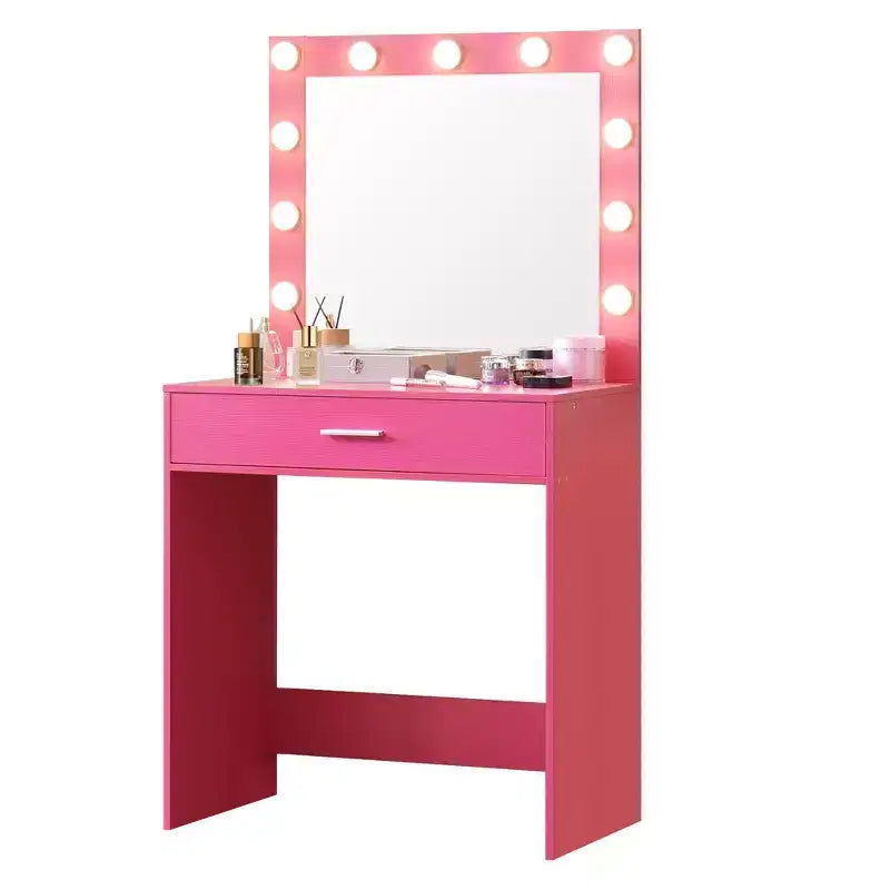 Tocador Okak con cajones espaciosos y luces, juego de taburete de tocador con compartimento de almacenamiento e iluminación de brillo ajustable de 3 niveles, rosa