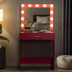 Tocador Okak con cajones espaciosos y luces, juego de taburete de tocador con compartimento de almacenamiento e iluminación de brillo ajustable de 3 niveles, rosa