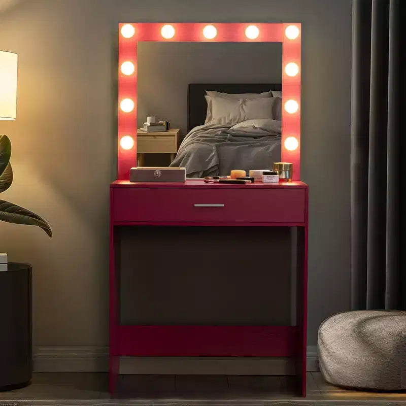 Tocador Okak con cajones espaciosos y luces, juego de taburete de tocador con compartimento de almacenamiento e iluminación de brillo ajustable de 3 niveles, rosa