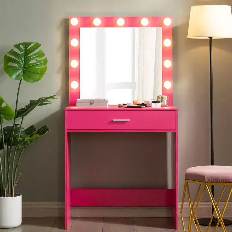 Tocador Okak con cajones espaciosos y luces, juego de taburete de tocador con compartimento de almacenamiento e iluminación de brillo ajustable de 3 niveles, rosa