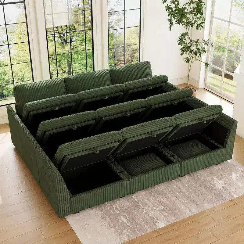 Seccional cama Belffin de 9 plazas - Sofá nube convertible con pana de felpa y almacenamiento en todos los módulos