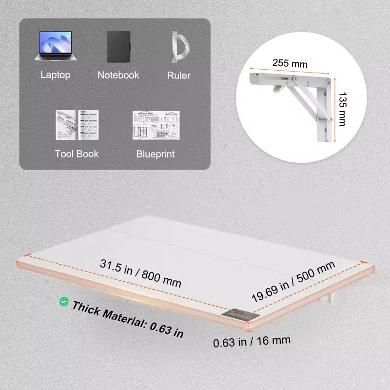 Mesa plegable de pared VEVOR, mesa abatible de pared de 31.5 x 19.69 pulgadas, escritorio flotante con soporte de hierro, escritorio plegable