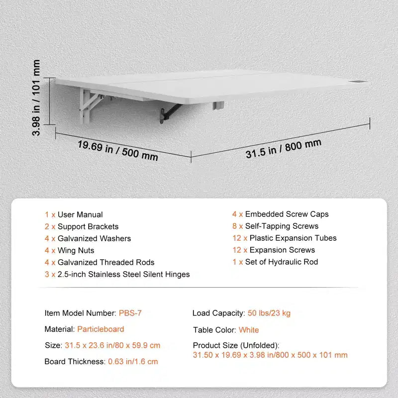 Mesa plegable de pared VEVOR, mesa abatible de pared de 31.5 x 19.69 pulgadas, escritorio flotante con soporte de hierro, escritorio plegable