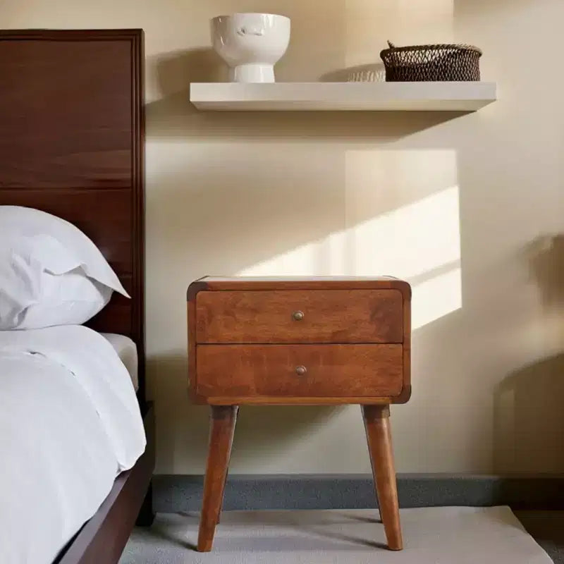 Mesita de Noche Curva Moderna de Madera de Mango Hornby con 2 Cajones de GDFStudio