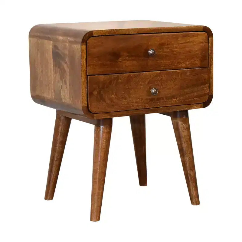 Mesita de Noche Curva Moderna de Madera de Mango Hornby con 2 Cajones de GDFStudio