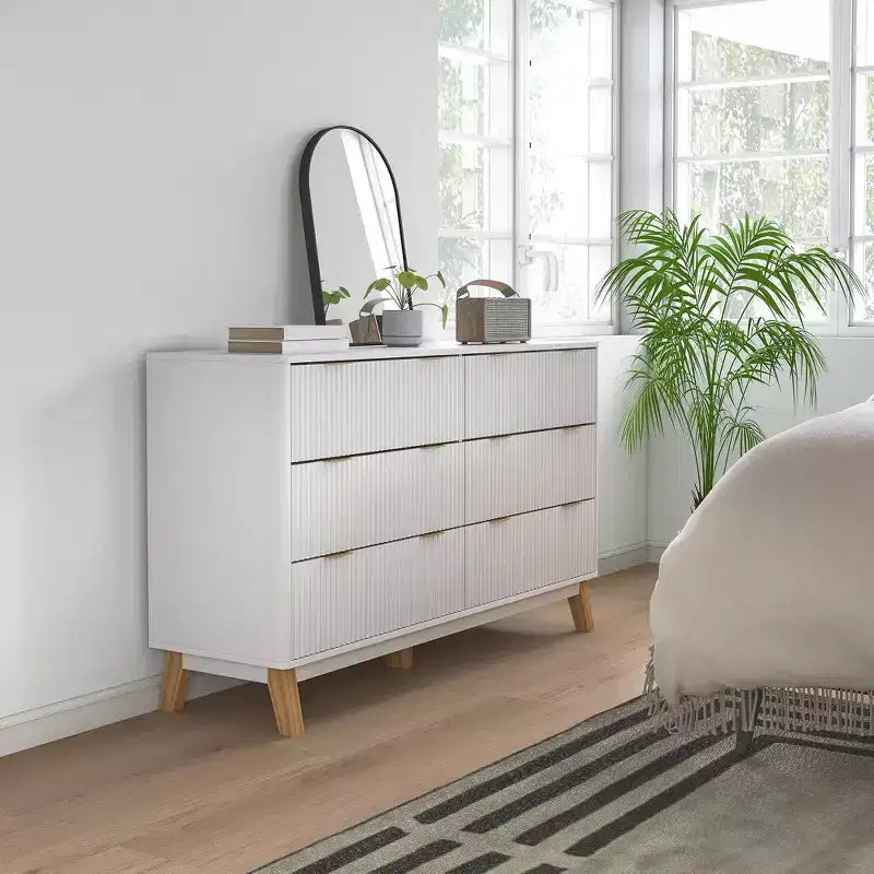 HOMCOM Cómoda estriada para dormitorio con 6 cajones, cómoda de 54 pulgadas de ancho con tiradores dorados y 5 patas de madera