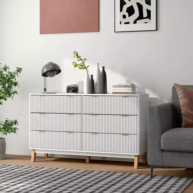 HOMCOM Cómoda estriada para dormitorio con 6 cajones, cómoda de 54 pulgadas de ancho con tiradores dorados y 5 patas de madera