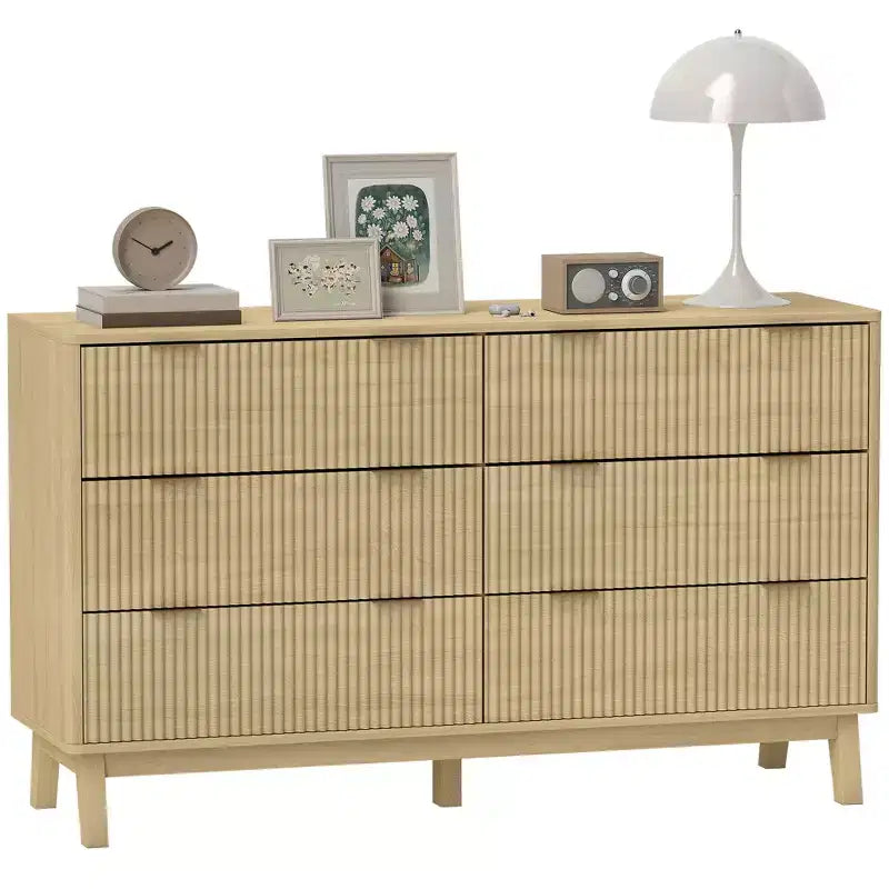 HOMCOM Fluted Dresser for Bedroom with 6 Drawers, 54 Wide Chest of Drawers with Gold Finger Pulls and 5 Wood Legs