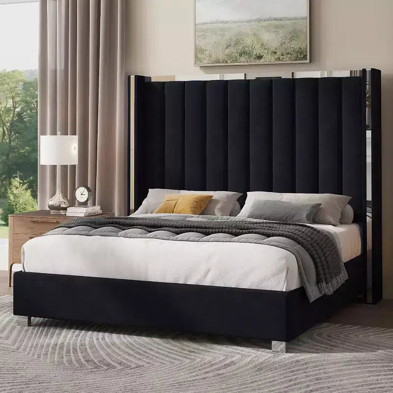 AMERLIFE Bed Frame with 58 tall Headboard, Velvet Upholstered Platform bed