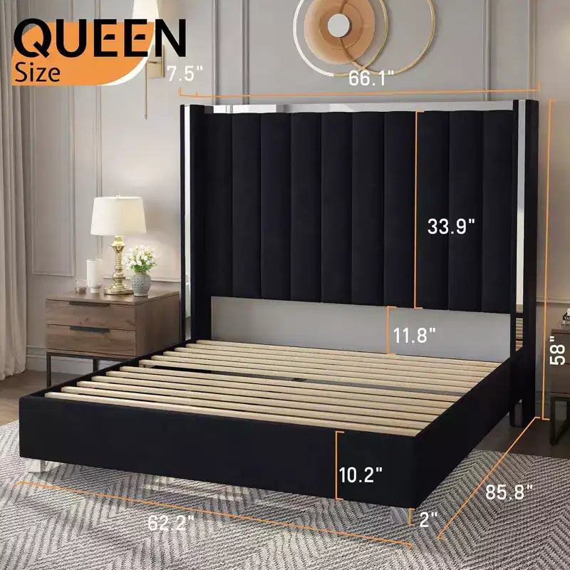 Estructura de cama con cabecero de 58 pulgadas de alto, cama tipo plataforma tapizada en terciopelo