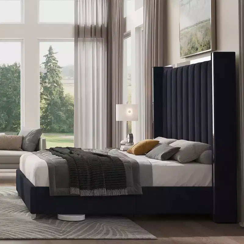 Estructura de cama con cabecero de 58 pulgadas de alto, cama tipo plataforma tapizada en terciopelo