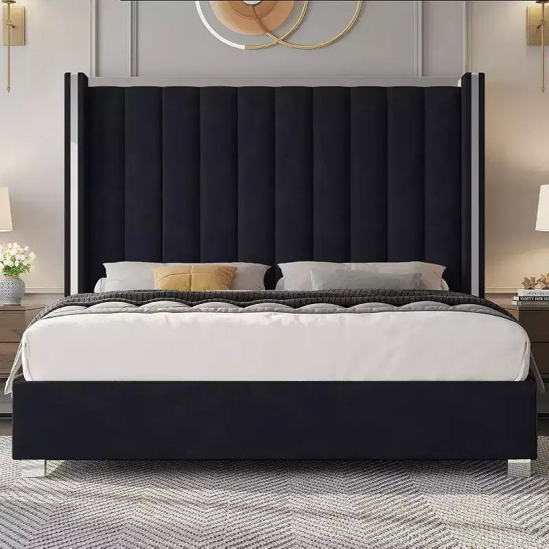 Estructura de cama con cabecero de 58 pulgadas de alto, cama tipo plataforma tapizada en terciopelo