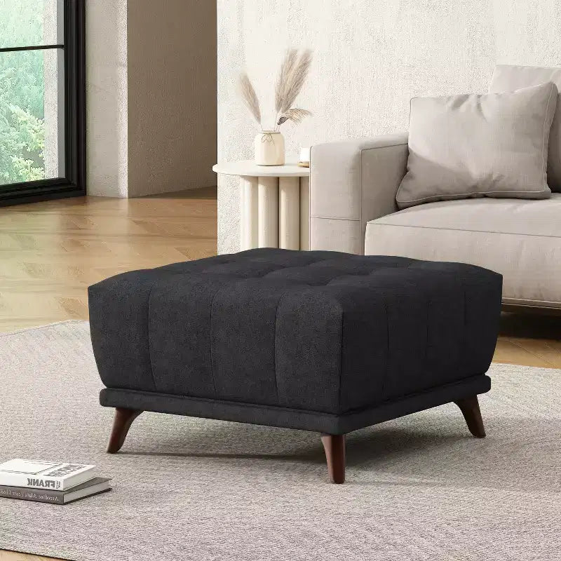 Puf cuadrado tapizado con botones de madera de caucho contemporáneo