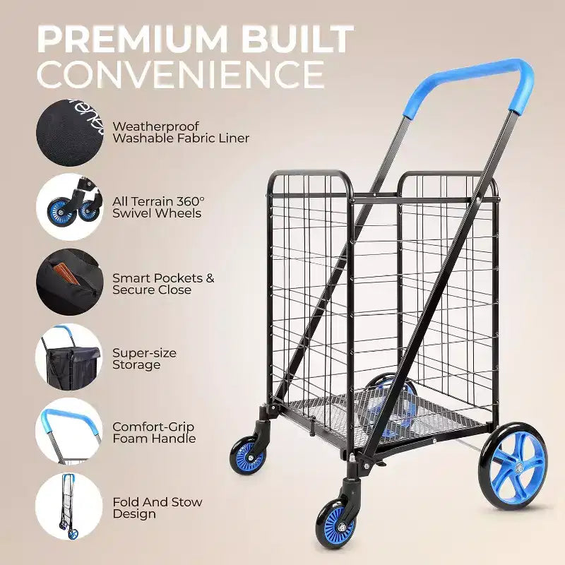 Carro de compras pequeño plegable SereneLife con forro extraíble (SLSPCART55) - Azul