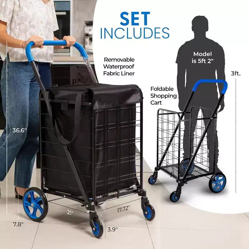 Carro de compras pequeño plegable SereneLife con forro extraíble (SLSPCART55) - Azul