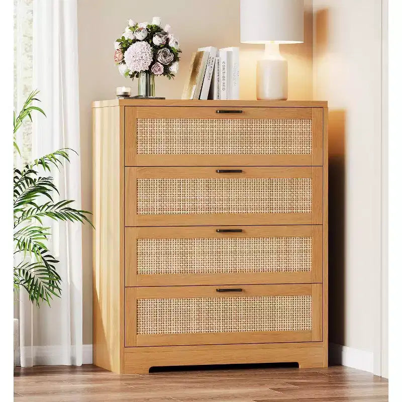 Cómoda de ratán con 4 cajones, Cómoda de almacenamiento, Cómoda de madera moderna para dormitorio, para dormitorio, entrada, pasillo