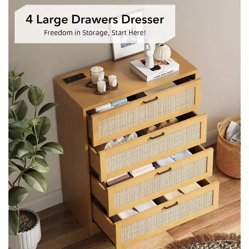 Cómoda de ratán con 4 cajones, Cómoda de almacenamiento, Cómoda de madera moderna para dormitorio, para dormitorio, entrada, pasillo