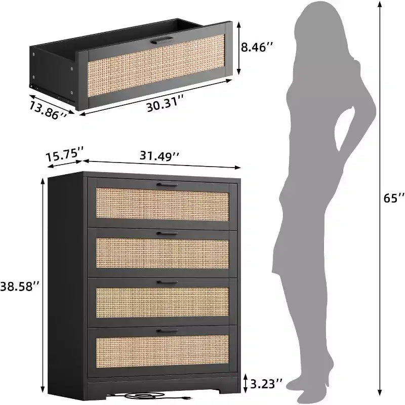 Cómoda de ratán con 4 cajones, Cómoda de almacenamiento, Cómoda de madera moderna para dormitorio, para dormitorio, entrada, pasillo