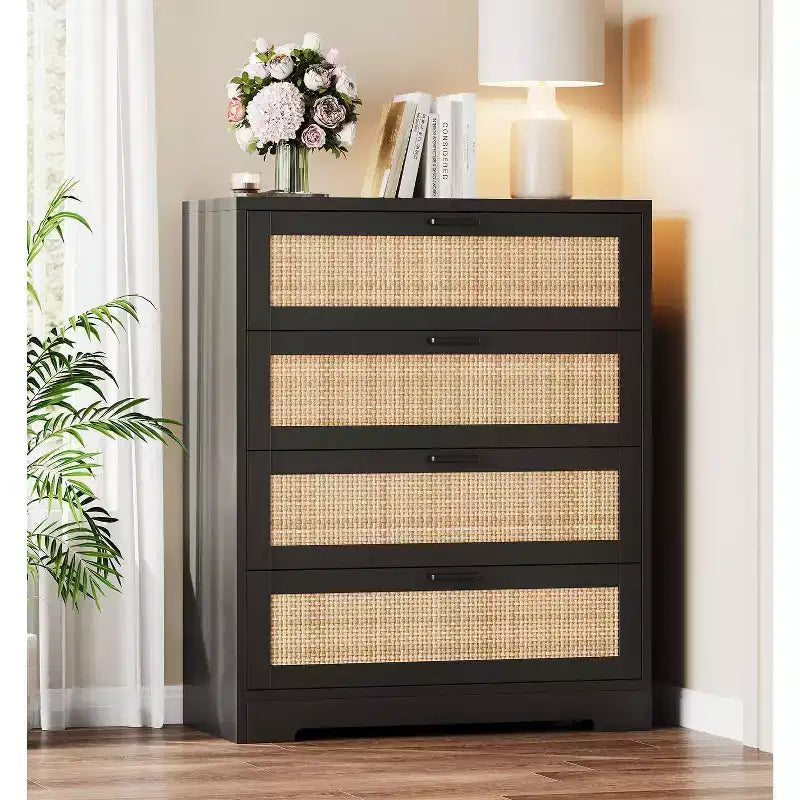 Cómoda de ratán con 4 cajones, Cómoda de almacenamiento, Cómoda de madera moderna para dormitorio, para dormitorio, entrada, pasillo