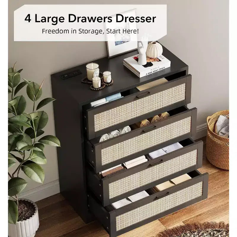 Cómoda de ratán con 4 cajones, Cómoda de almacenamiento, Cómoda de madera moderna para dormitorio, para dormitorio, entrada, pasillo