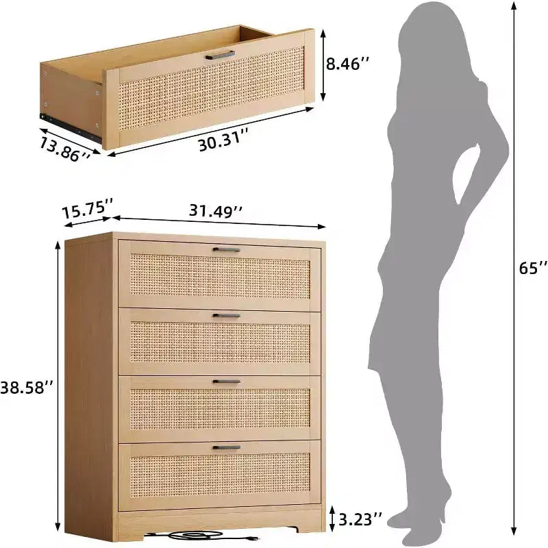 Cómoda de ratán con 4 cajones, Cómoda de almacenamiento, Cómoda de madera moderna para dormitorio, para dormitorio, entrada, pasillo