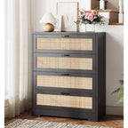 Rattan Dresser with 4 Drawers, Chest of Drawers Storage, Modern Wooden Dresser for Bedroom, for Bedroom, Entryway, Hallway