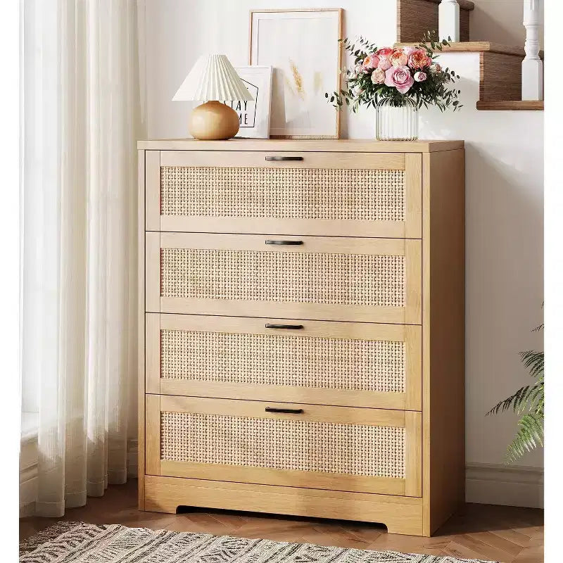 Cómoda de ratán con 4 cajones, Cómoda de almacenamiento, Cómoda de madera moderna para dormitorio, para dormitorio, entrada, pasillo