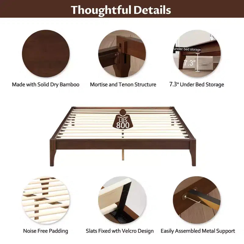 Cama Plataforma King/Queen, Estructura de Cama de Bambú Sólido Seco con Cabecero Alto Tapizado, Fácil Montaje -ModernLuxe
