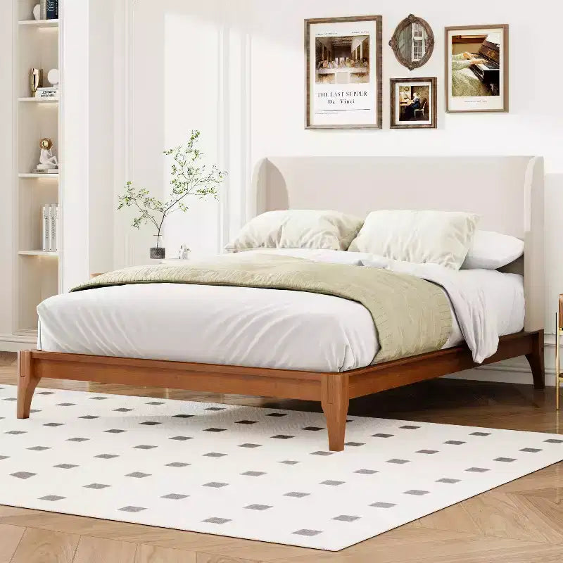 Cama Plataforma King/Queen, Estructura de Cama de Bambú Sólido Seco con Cabecero Alto Tapizado, Fácil Montaje -ModernLuxe