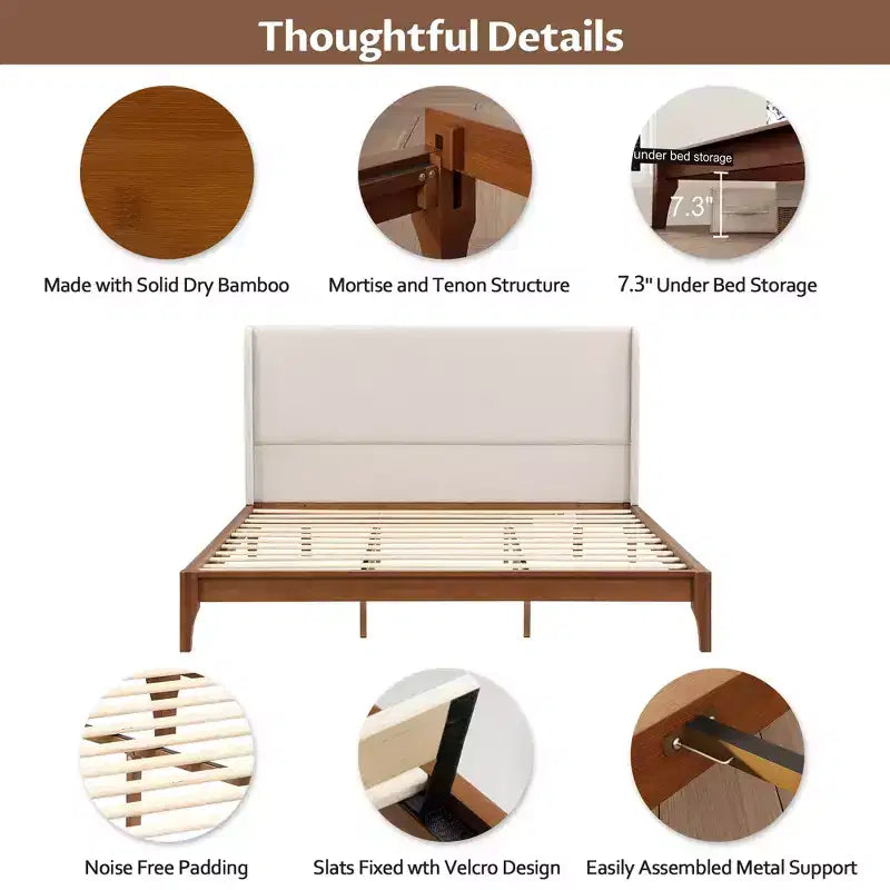 Cama Plataforma King/Queen, Estructura de Cama de Bambú Sólido Seco con Cabecero Alto Tapizado, Fácil Montaje -ModernLuxe