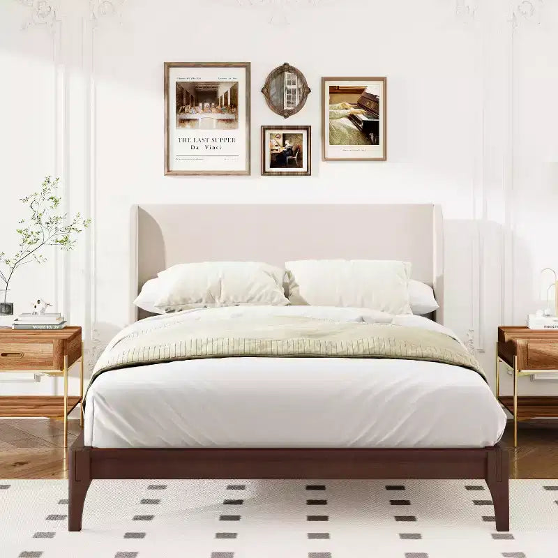 Cama Plataforma King/Queen, Estructura de Cama de Bambú Sólido Seco con Cabecero Alto Tapizado, Fácil Montaje -ModernLuxe