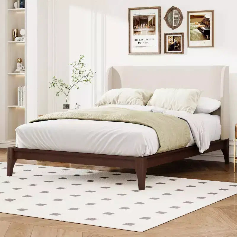 Cama Plataforma King/Queen, Estructura de Cama de Bambú Sólido Seco con Cabecero Alto Tapizado, Fácil Montaje -ModernLuxe