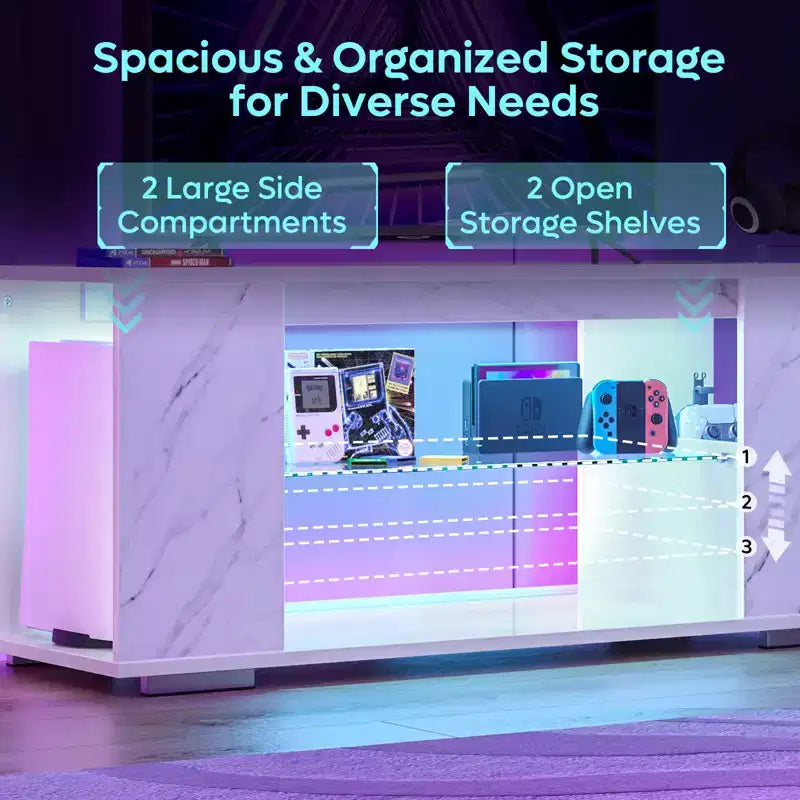Mueble de TV de alto brillo PINMOCO de 47 pulgadas para televisores de hasta 55 pulgadas con LED y estantes de almacenamiento abiertos Centro de entretenimiento