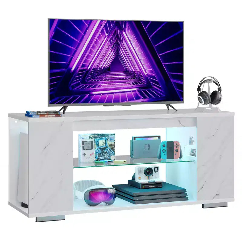 Mueble de TV de alto brillo PINMOCO de 47 pulgadas para televisores de hasta 55 pulgadas con LED y estantes de almacenamiento abiertos Centro de entretenimiento