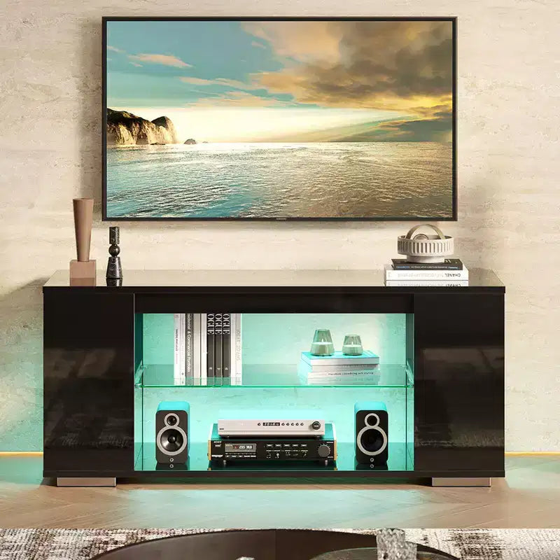 Mueble de TV de alto brillo PINMOCO de 47 pulgadas para televisores de hasta 55 pulgadas con LED y estantes de almacenamiento abiertos Centro de entretenimiento