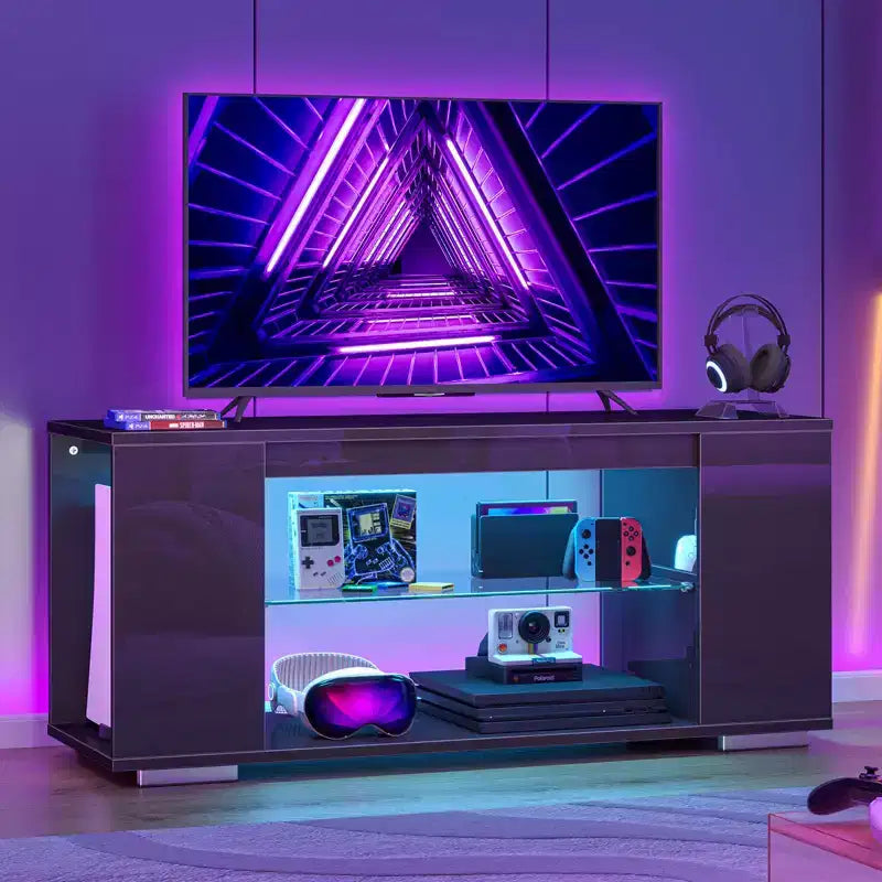 Mueble de TV de alto brillo PINMOCO de 47 pulgadas para televisores de hasta 55 pulgadas con LED y estantes de almacenamiento abiertos Centro de entretenimiento