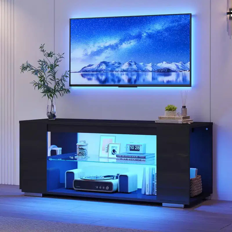 Mueble de TV de alto brillo PINMOCO de 47 pulgadas para televisores de hasta 55 pulgadas con LED y estantes de almacenamiento abiertos Centro de entretenimiento
