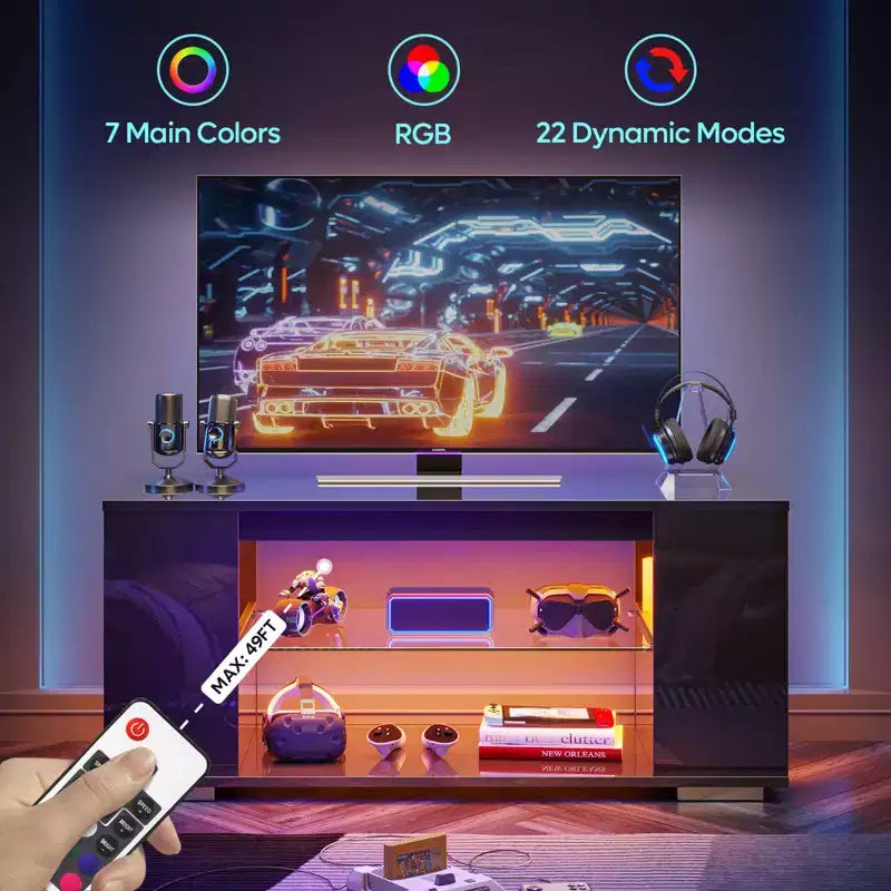 Mueble de TV de alto brillo PINMOCO de 47 pulgadas para televisores de hasta 55 pulgadas con LED y estantes de almacenamiento abiertos Centro de entretenimiento