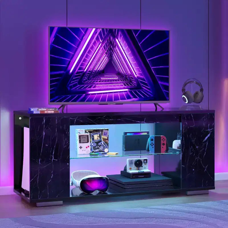Mueble de TV de alto brillo PINMOCO de 47 pulgadas para televisores de hasta 55 pulgadas con LED y estantes de almacenamiento abiertos Centro de entretenimiento